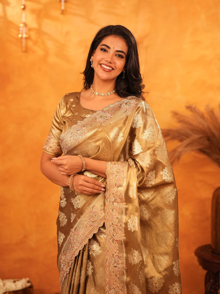 Antique Gold Banarasi Silk Saree with Floral Zari Butti & Scalloped Embroidered Border | Wedding & Festive Wear Designer Saree