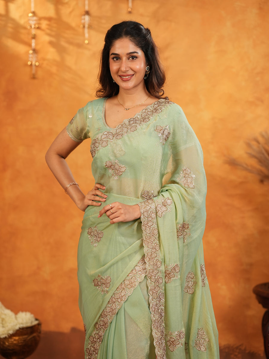 Mint Green Fendy Satin Embroidered Saree with Floral Work & Tassels | Soft Pastel Designer Saree with Heavy Embroidered Blouse