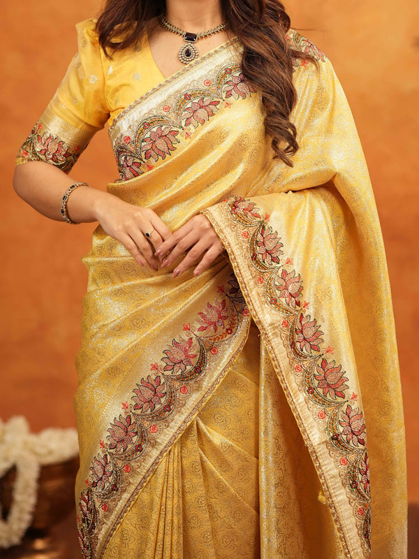 Mustard Yellow Banarasi Silk Embroidered Saree with Floral Border & Zari Weaving | Heavy Embroidered Blouse with Tassels | Wedding & Festive Wear Saree
