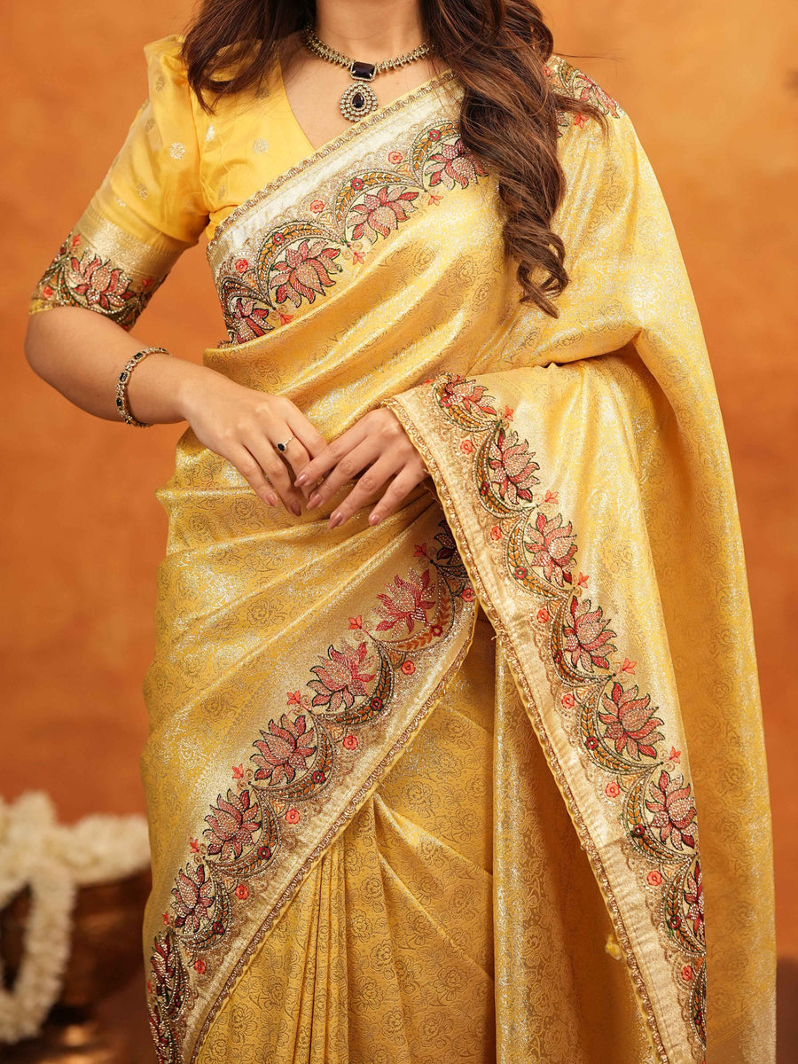 Mustard Yellow Banarasi Silk Embroidered Saree with Floral Border & Zari Weaving | Heavy Embroidered Blouse with Tassels | Wedding & Festive Wear Saree
