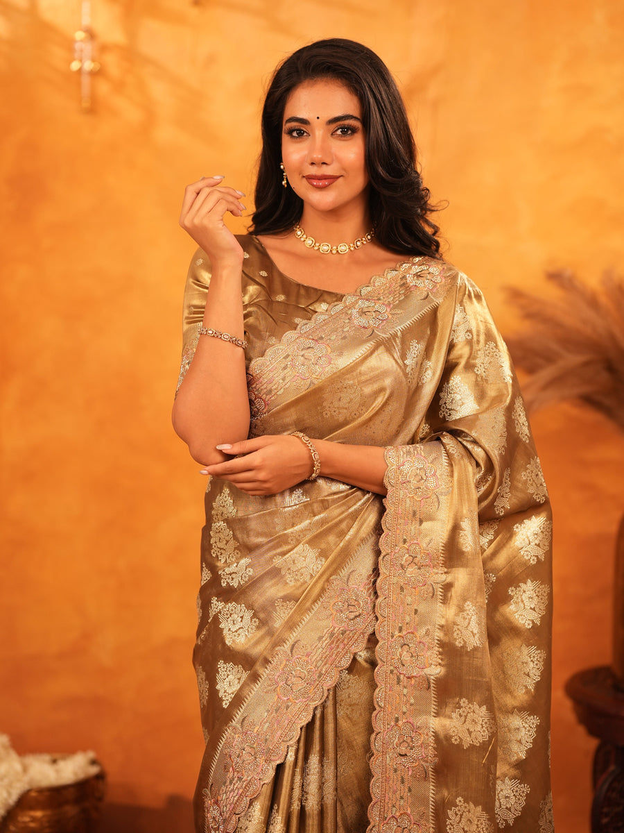 Antique Gold Banarasi Silk Saree with Floral Zari Butti & Scalloped Embroidered Border | Wedding & Festive Wear Designer Saree