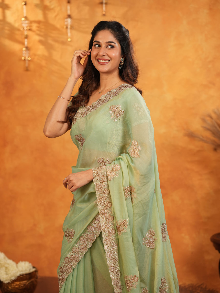 Mint Green Fendy Satin Embroidered Saree with Floral Work & Tassels | Soft Pastel Designer Saree with Heavy Embroidered Blouse