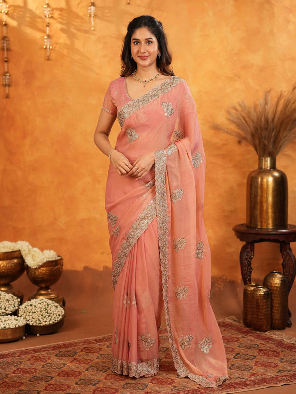 Peach Pink Fendy Satin Embroidered Saree with Rich Floral Border & Tassels | Pastel Designer Saree with Heavy Embroidered Blouse