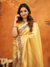 Mustard Yellow Banarasi Silk Embroidered Saree with Floral Border & Zari Weaving | Heavy Embroidered Blouse with Tassels | Wedding & Festive Wear Saree