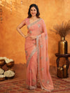 Peach Pink Fendy Satin Embroidered Saree with Rich Floral Border & Tassels | Pastel Designer Saree with Heavy Embroidered Blouse