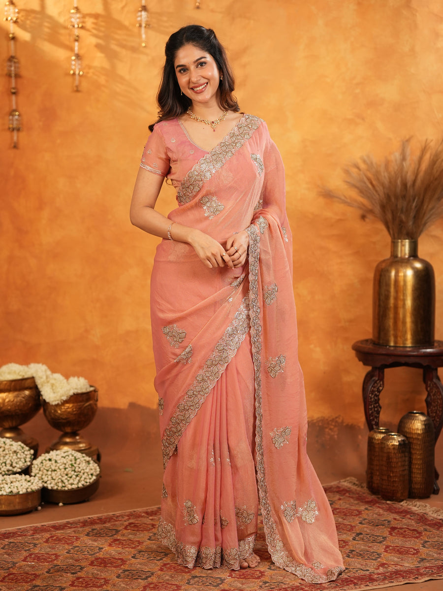 Peach Pink Fendy Satin Embroidered Saree with Rich Floral Border & Tassels | Pastel Designer Saree with Heavy Embroidered Blouse