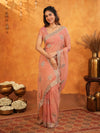 Peach Pink Fendy Satin Embroidered Saree with Rich Floral Border & Tassels | Pastel Designer Saree with Heavy Embroidered Blouse
