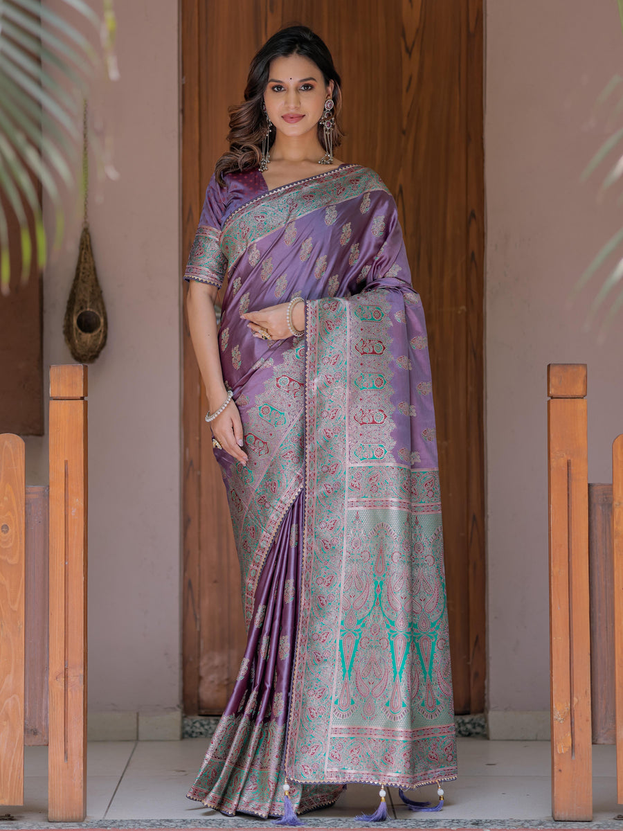 Royal Lavender Purple Banarasi Silk Saree with Intricate Paisley Zari Weaving & Tassel Detailing