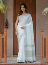 Pure White & Olive Green Handloom Cotton Saree with Minimal Striped Border & Tassel Detailing