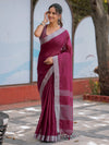Wine Purple Pure Handloom Cotton Saree with Silver Border & Tassel Detailing