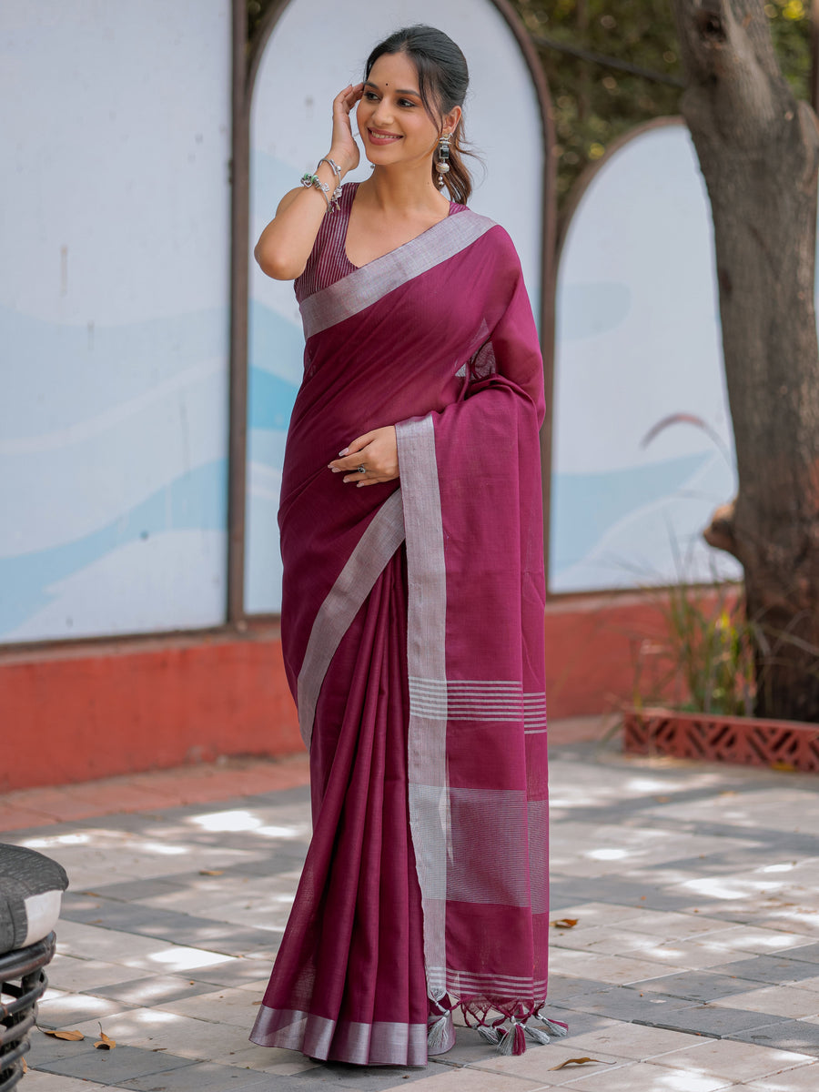 Wine Purple Pure Handloom Cotton Saree with Silver Border & Tassel Detailing