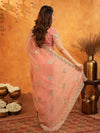 Peach Pink Fendy Satin Embroidered Saree with Rich Floral Border & Tassels | Pastel Designer Saree with Heavy Embroidered Blouse