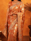 Rust Orange Banarasi Silk Saree with Floral Zari Butti & Scalloped Embroidered Border | Designer Wedding & Festive Wear Saree with Blouse