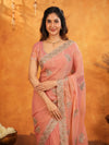 Peach Pink Fendy Satin Embroidered Saree with Rich Floral Border & Tassels | Pastel Designer Saree with Heavy Embroidered Blouse