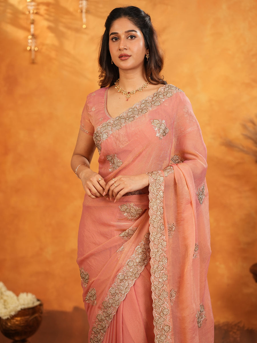 Peach Pink Fendy Satin Embroidered Saree with Rich Floral Border & Tassels | Pastel Designer Saree with Heavy Embroidered Blouse
