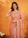 Peach Pink Fendy Satin Embroidered Saree with Rich Floral Border & Tassels | Pastel Designer Saree with Heavy Embroidered Blouse