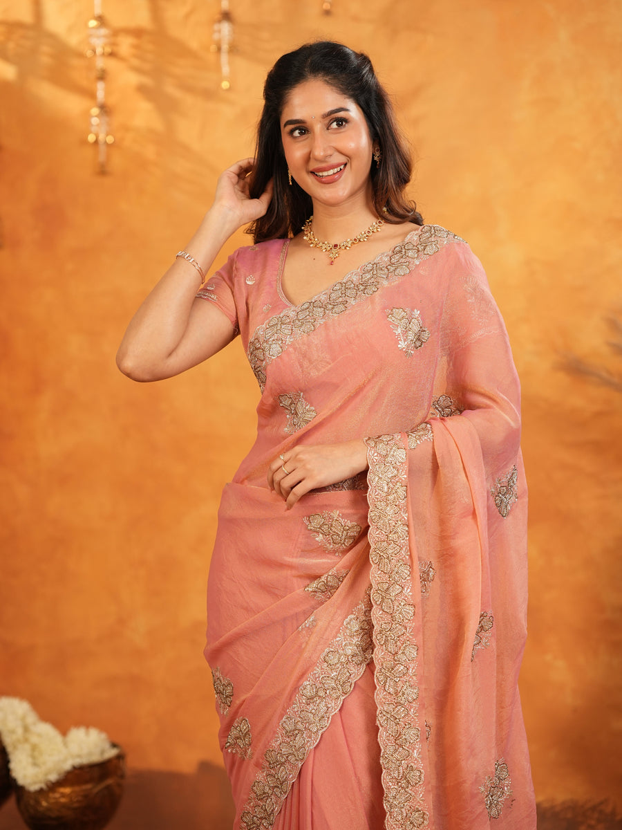 Peach Pink Fendy Satin Embroidered Saree with Rich Floral Border & Tassels | Pastel Designer Saree with Heavy Embroidered Blouse