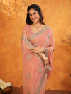 Peach Pink Fendy Satin Embroidered Saree with Rich Floral Border & Tassels | Pastel Designer Saree with Heavy Embroidered Blouse