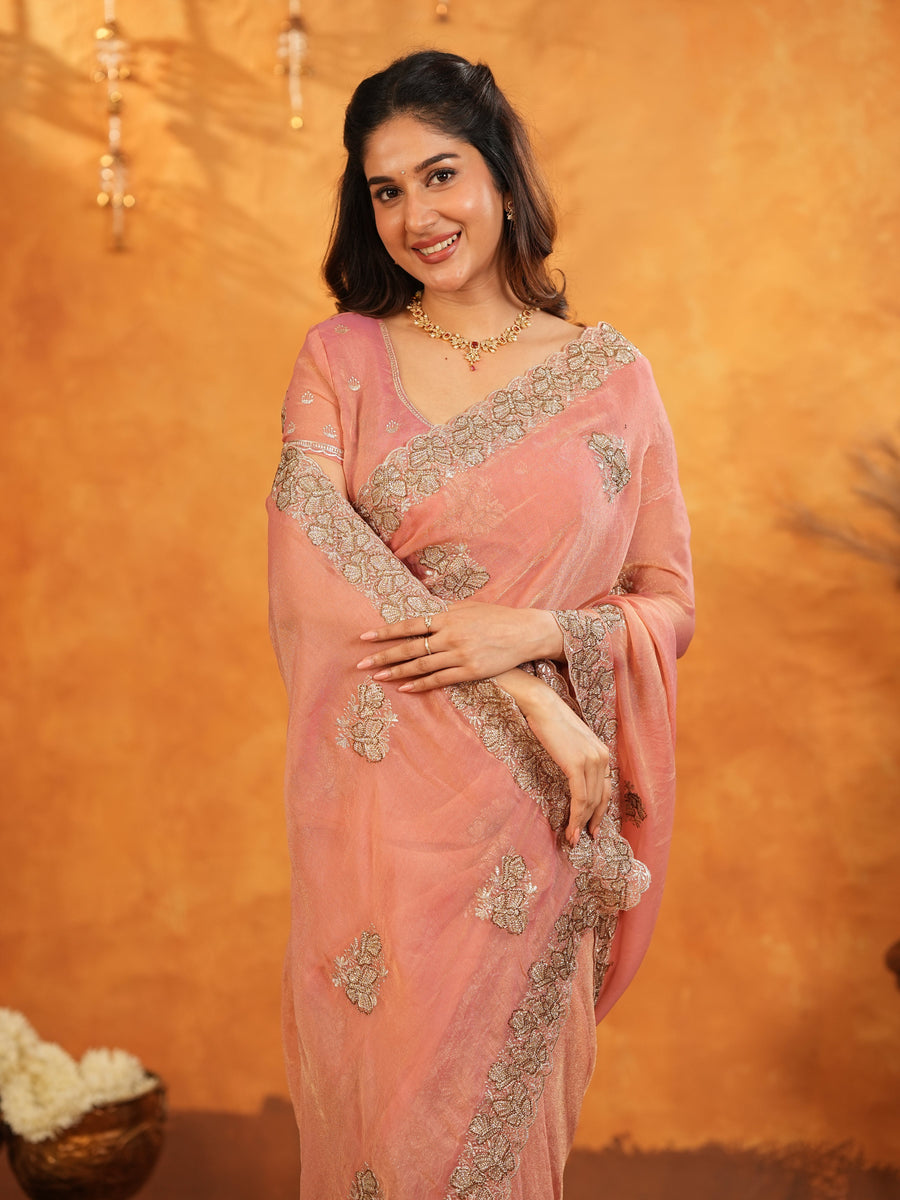 Peach Pink Fendy Satin Embroidered Saree with Rich Floral Border & Tassels | Pastel Designer Saree with Heavy Embroidered Blouse