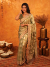 Olive Gold Banarasi Silk Saree with Floral Zari Butti & Scalloped Embroidered Border | Wedding & Festive Designer Saree