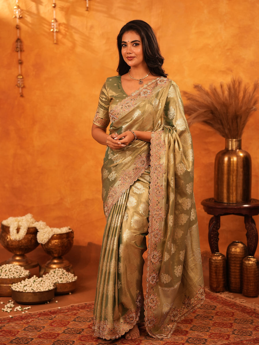 Olive Gold Banarasi Silk Saree with Floral Zari Butti & Scalloped Embroidered Border | Wedding & Festive Designer Saree