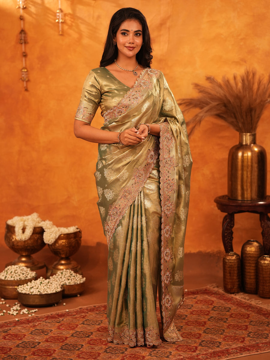 Olive Gold Banarasi Silk Saree with Floral Zari Butti & Scalloped Embroidered Border | Wedding & Festive Designer Saree
