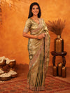 Olive Gold Banarasi Silk Saree with Floral Zari Butti & Scalloped Embroidered Border | Wedding & Festive Designer Saree