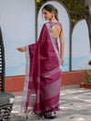 Wine Purple Pure Handloom Cotton Saree with Silver Border & Tassel Detailing