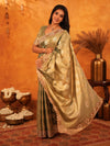 Olive Gold Banarasi Silk Saree with Floral Zari Butti & Scalloped Embroidered Border | Wedding & Festive Designer Saree
