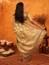 Olive Gold Banarasi Silk Saree with Floral Zari Butti & Scalloped Embroidered Border | Wedding & Festive Designer Saree