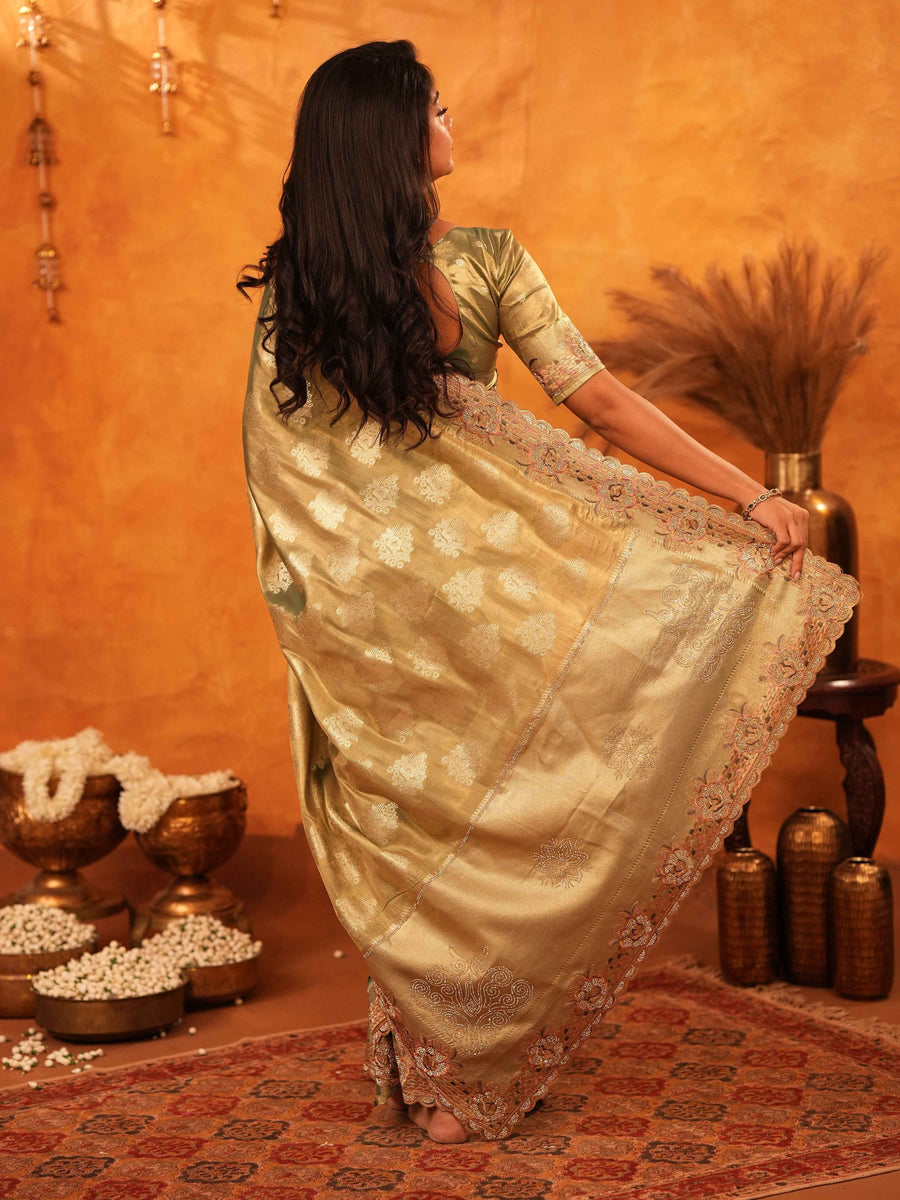 Olive Gold Banarasi Silk Saree with Floral Zari Butti & Scalloped Embroidered Border | Wedding & Festive Designer Saree