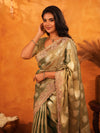 Olive Gold Banarasi Silk Saree with Floral Zari Butti & Scalloped Embroidered Border | Wedding & Festive Designer Saree