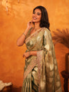 Olive Gold Banarasi Silk Saree with Floral Zari Butti & Scalloped Embroidered Border | Wedding & Festive Designer Saree