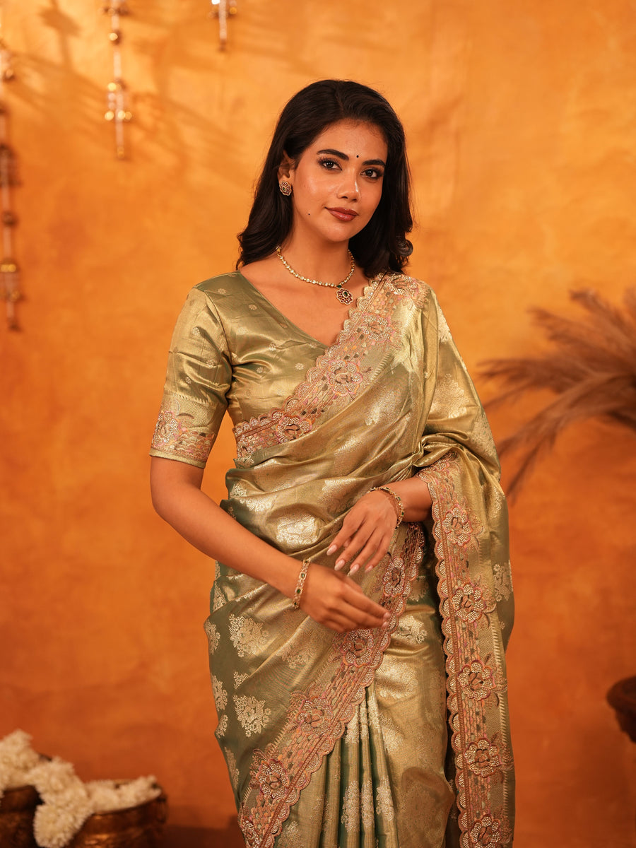 Olive Gold Banarasi Silk Saree with Floral Zari Butti & Scalloped Embroidered Border | Wedding & Festive Designer Saree