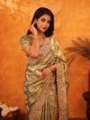 Olive Gold Banarasi Silk Saree with Floral Zari Butti & Scalloped Embroidered Border | Wedding & Festive Designer Saree