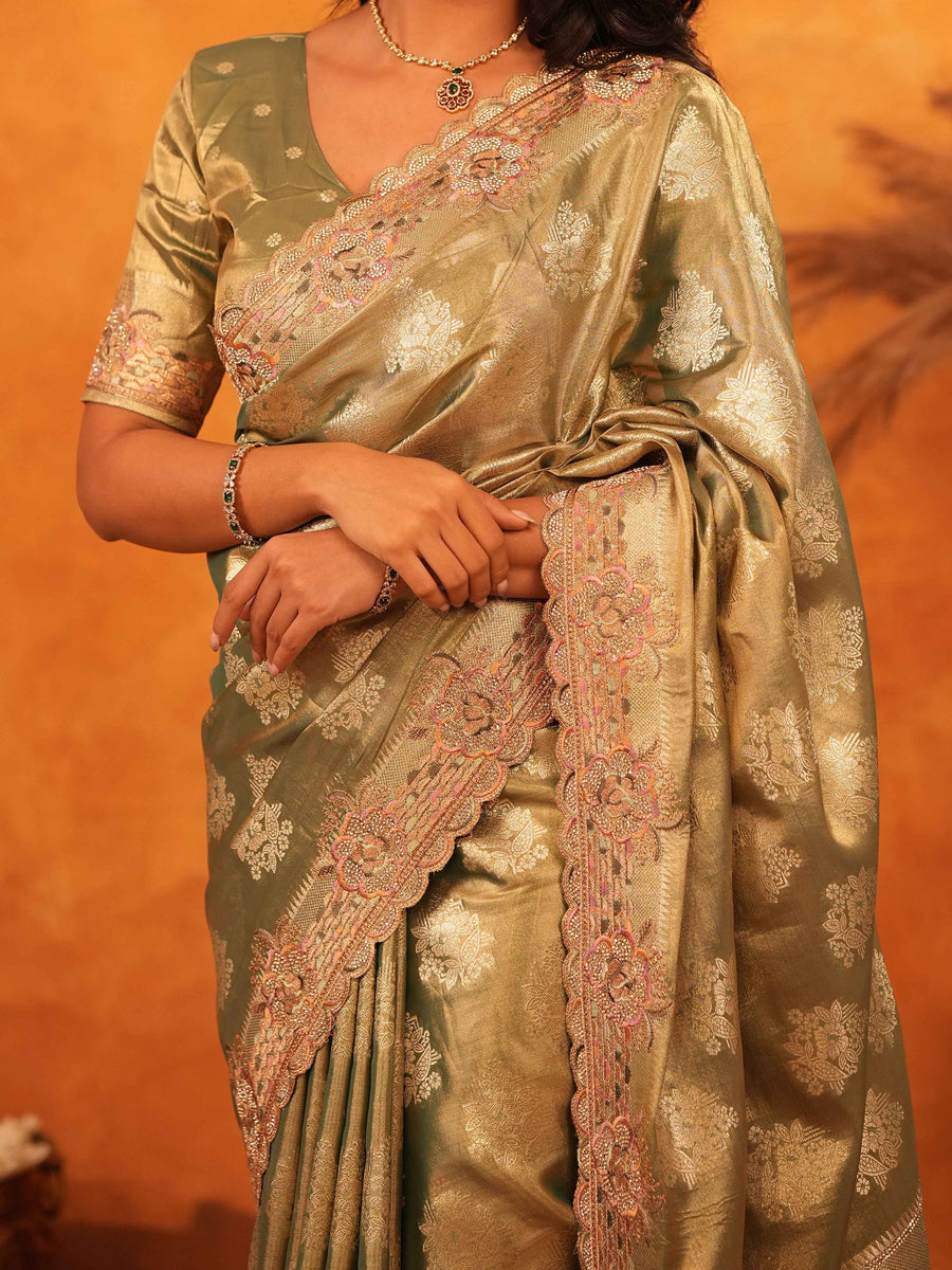 Olive Gold Banarasi Silk Saree with Floral Zari Butti & Scalloped Embroidered Border | Wedding & Festive Designer Saree