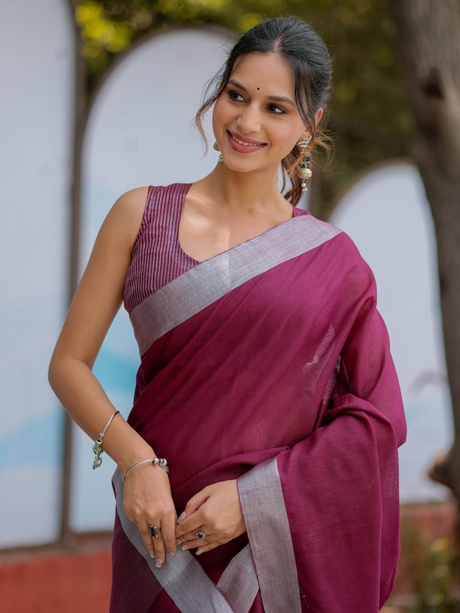 Wine Purple Pure Handloom Cotton Saree with Silver Border & Tassel Detailing