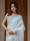 Pure White & Olive Green Handloom Cotton Saree with Minimal Striped Border & Tassel Detailing