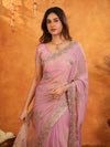 Pastel Baby Pink Fendy Satin Embroidered Saree with Rich Floral Border & Tassels | Designer Saree with Heavy Embroidered Blouse