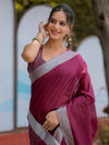 Wine Purple Pure Handloom Cotton Saree with Silver Border & Tassel Detailing