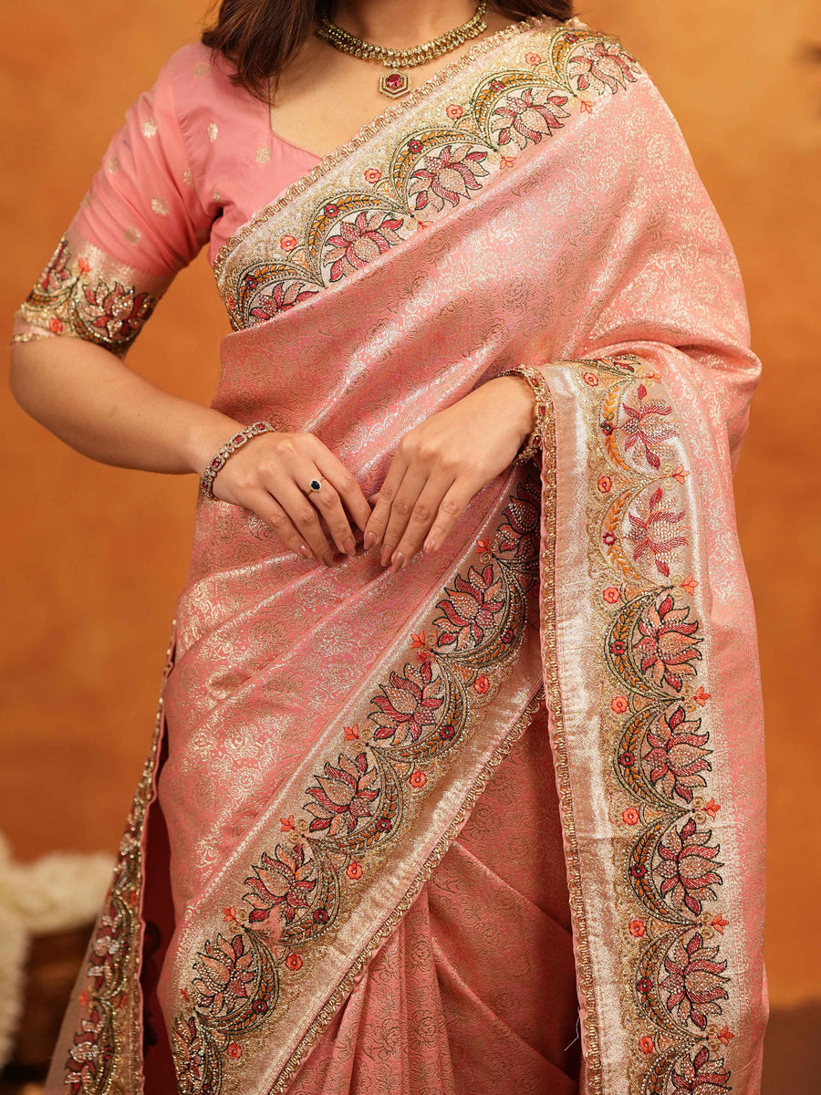 Peach Pink Banarasi Silk Embroidered Saree with Floral Border & Zari Weaving | Heavy Embroidered Blouse with Tassels | Wedding & Festive Wear Saree