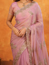 Pastel Baby Pink Fendy Satin Embroidered Saree with Rich Floral Border & Tassels | Designer Saree with Heavy Embroidered Blouse