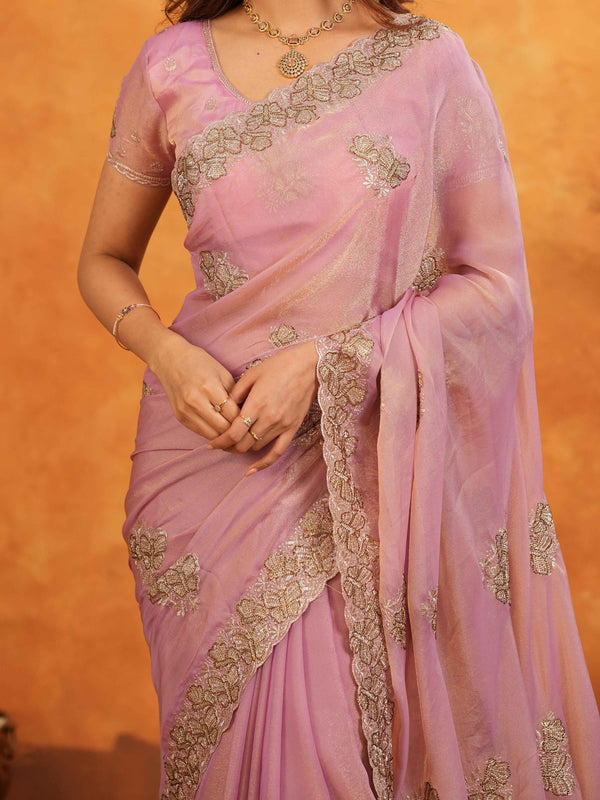 Pastel Baby Pink Fendy Satin Embroidered Saree with Rich Floral Border & Tassels | Designer Saree with Heavy Embroidered Blouse