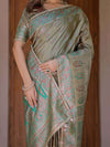 Olive Gold Banarasi Silk Saree with Intricate Paisley Zari Weaving & Tassel Detailing