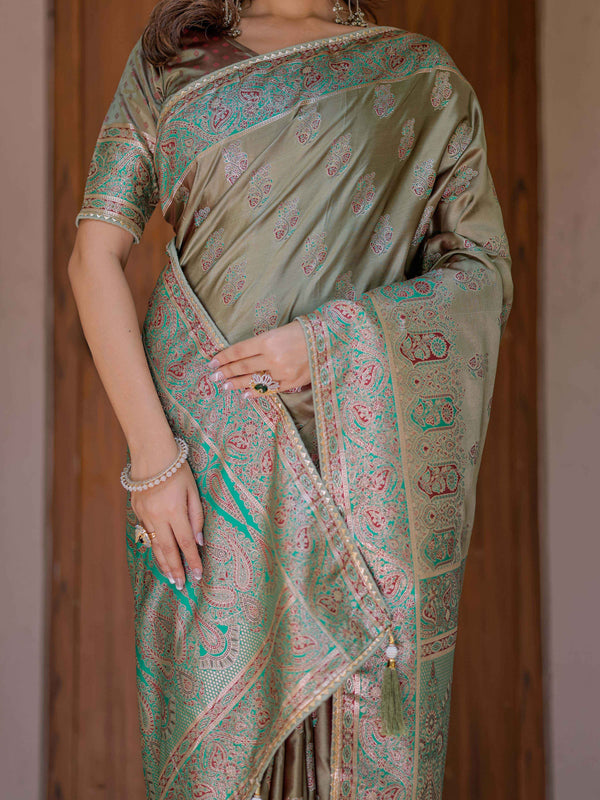 Olive Gold Banarasi Silk Saree with Intricate Paisley Zari Weaving & Tassel Detailing