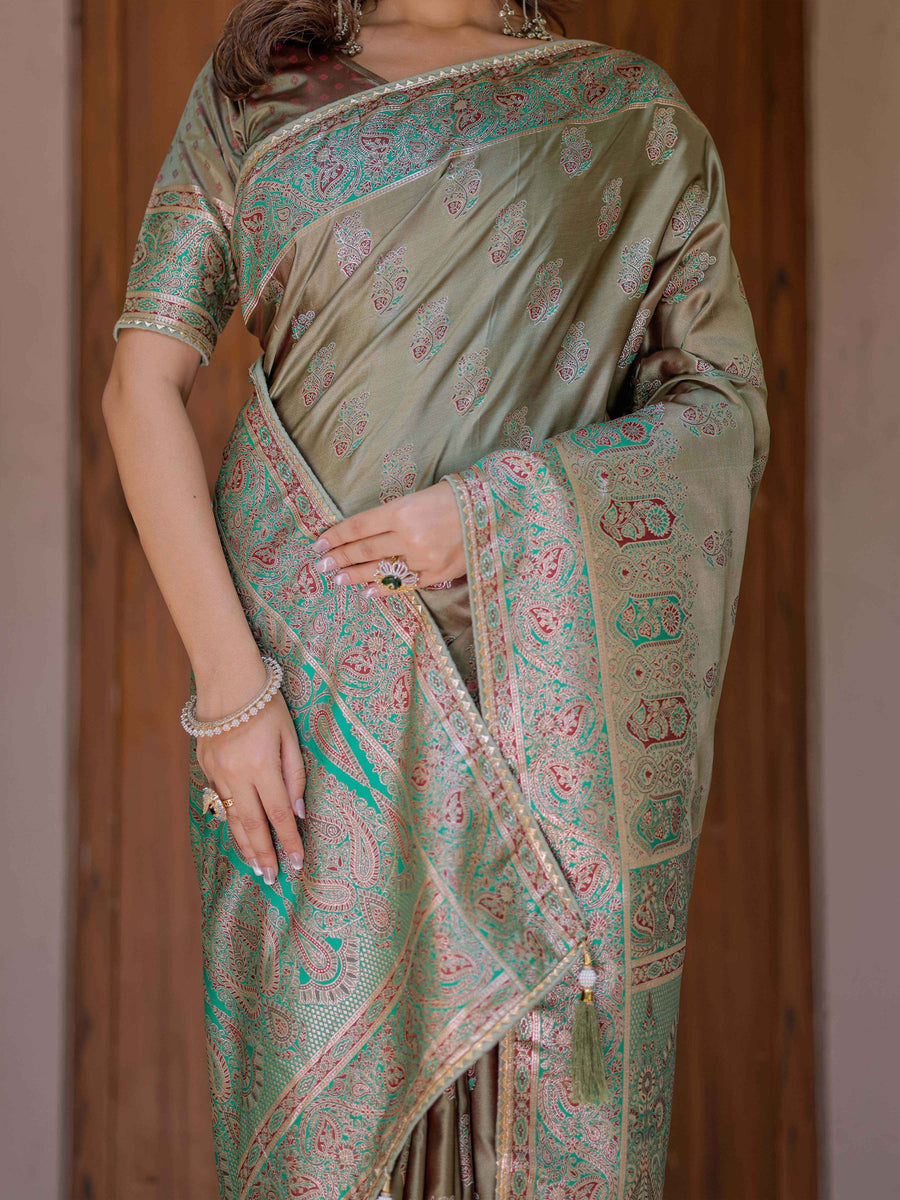 Olive Gold Banarasi Silk Saree with Intricate Paisley Zari Weaving & Tassel Detailing