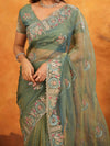 Teal Green Fendy Satin Embroidered Saree with Multicolor Floral Border & Tassels | Premium Designer Saree with Heavy Embroidered Blouse