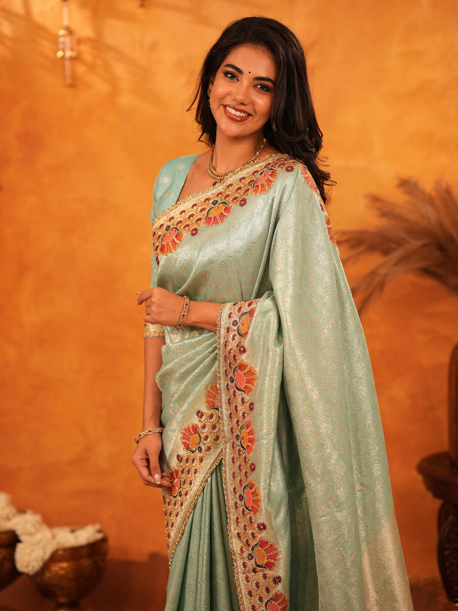 Mint Green Banarasi Silk Saree with Peacock Floral Embroidered Border & Zari Weaving | Festive & Wedding Wear Designer Saree