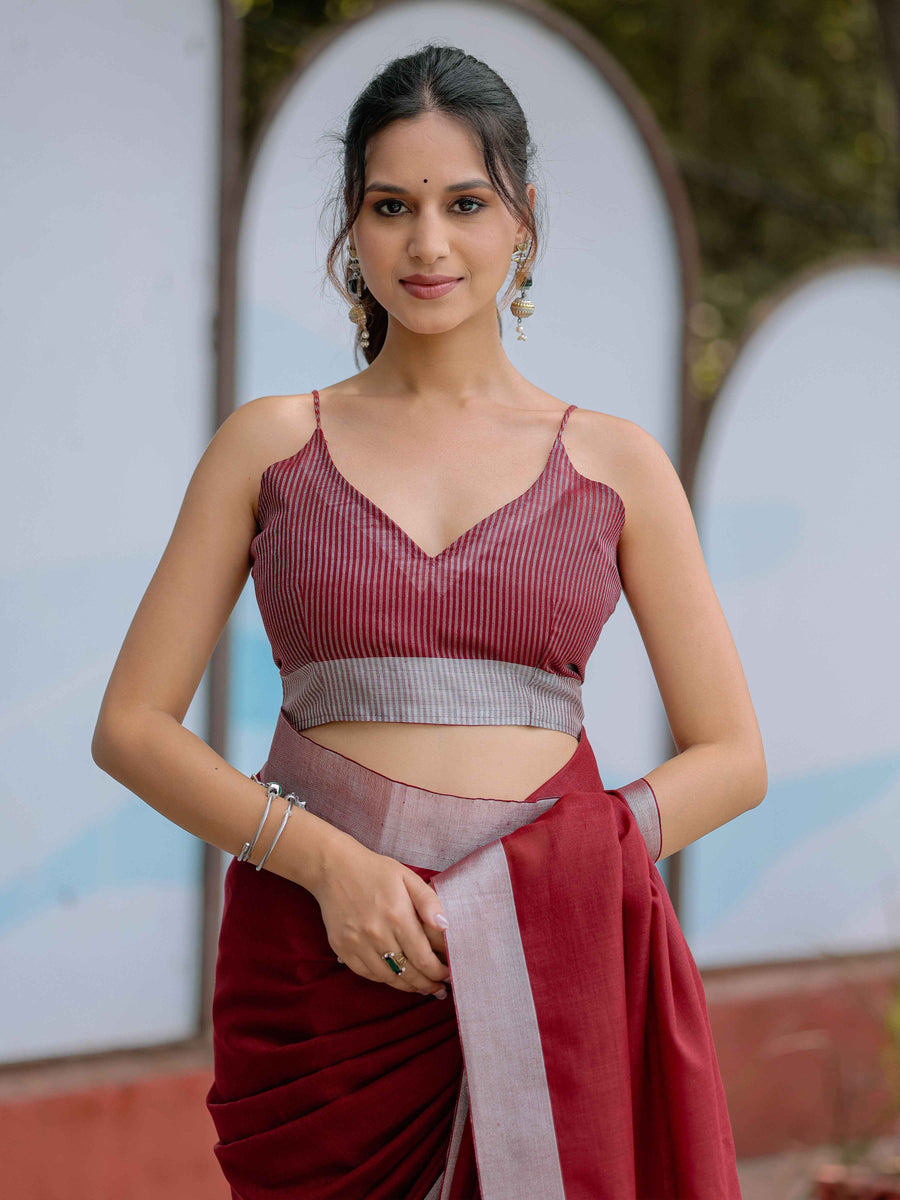 Wine Red Pure Handloom Cotton Saree with Silver Border & Tassel Detailing