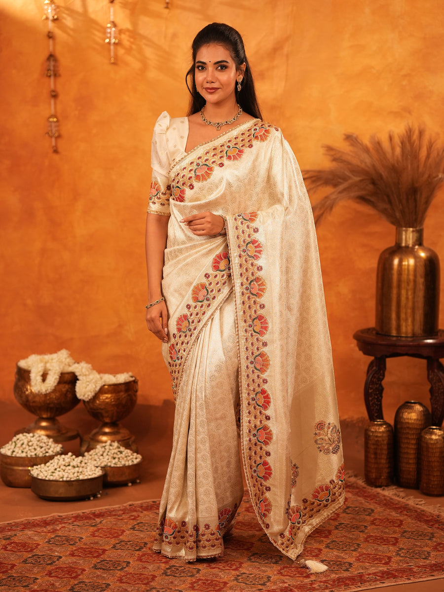 Cream Beige Banarasi Silk Saree with Multicolor Peacock Floral Embroidered Border & Zari Weaving | Premium Festive Wedding Wear Saree